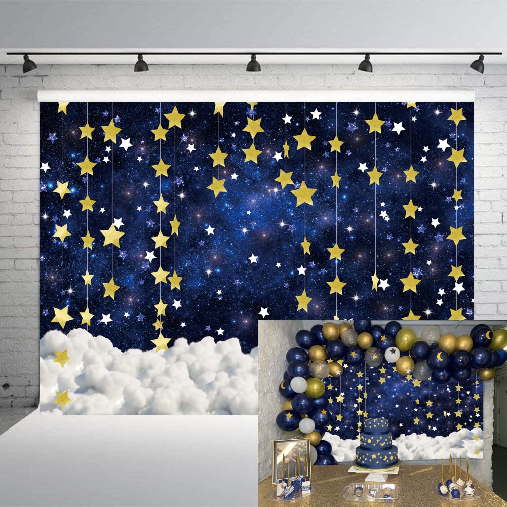 INRUI Twinkle Twinkle Little Star Baby Shower Photography Backdrop Glitter Gold Star Galaxy Starry Sky Cloudy Baby Shower Party Decorations Banner (