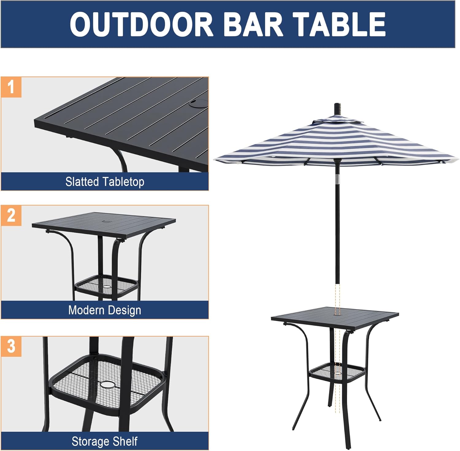VICLLAX Outdoor Bar Table, 28" Wide Square Patio Bar Height Table Weather Resistant Metal Slatted Tabletop with Umbrella Hole for Balcony Front Porch, Backyard, Black