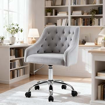 Silla Escritorio, Silla tocador con Ruedas, Altura Regulable y cojín Grueso, Patas de Metal, Ideal para Oficina y tocador, Terciopelo (Gris)