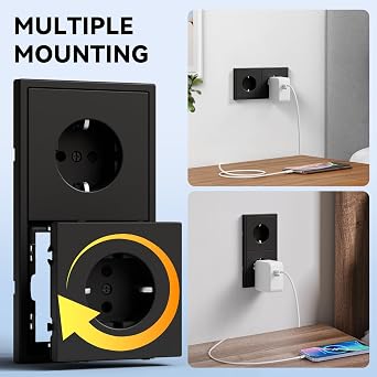 Flush-Mounted EU Standard Schuko Socket Double Wall Socket with PC Frame 80 x 150 mm Socket with Claws Socket with Spring Clamp Easy Installation 2 Sockets Black