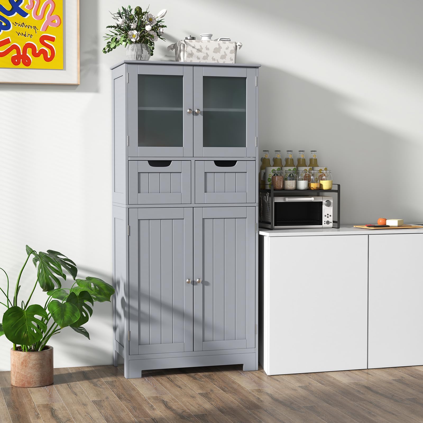 GIANTEX Mueble de Baño con 4 Puertas, Armario de Suelo con 2 Cajones y 2 Estantes Ajustables, Kit Antivuelco, 60 x 30 x 128 cm, Mueble de Almacenamiento para Salón, Dormitorio (Gris)