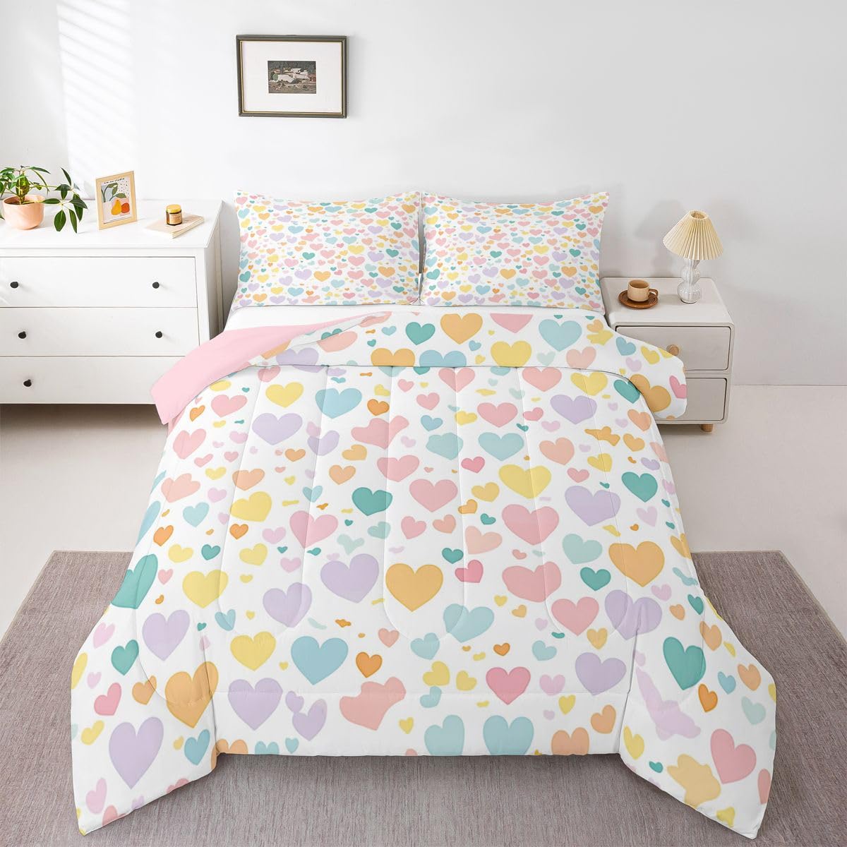 Erosebridal Girls Heart Pattern King Bedding Set Rainbow Heart Comforter Set for Kids Teens Kawaii Valentine Theme Comforter Cartoon Geometric Quilt