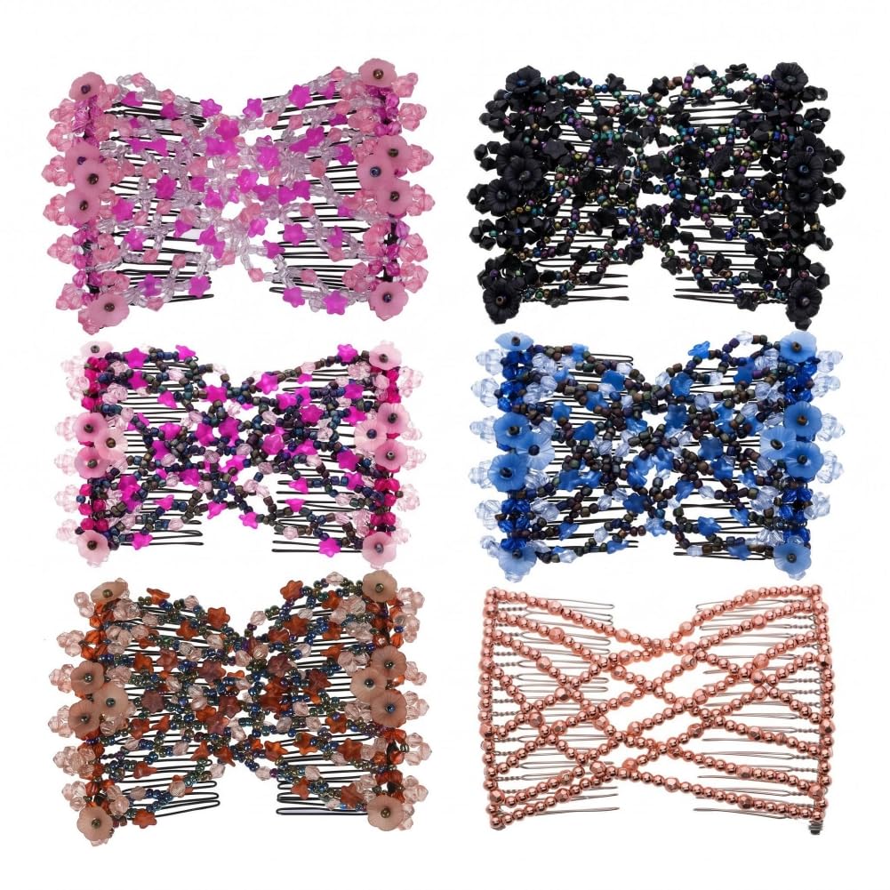 LOVEF 6 Pcs Effortless Beauty Stretchable Double Combs Upzing Medium Magic Beaded Double Hair Clips Hair Jewelry Assorted Color and Design