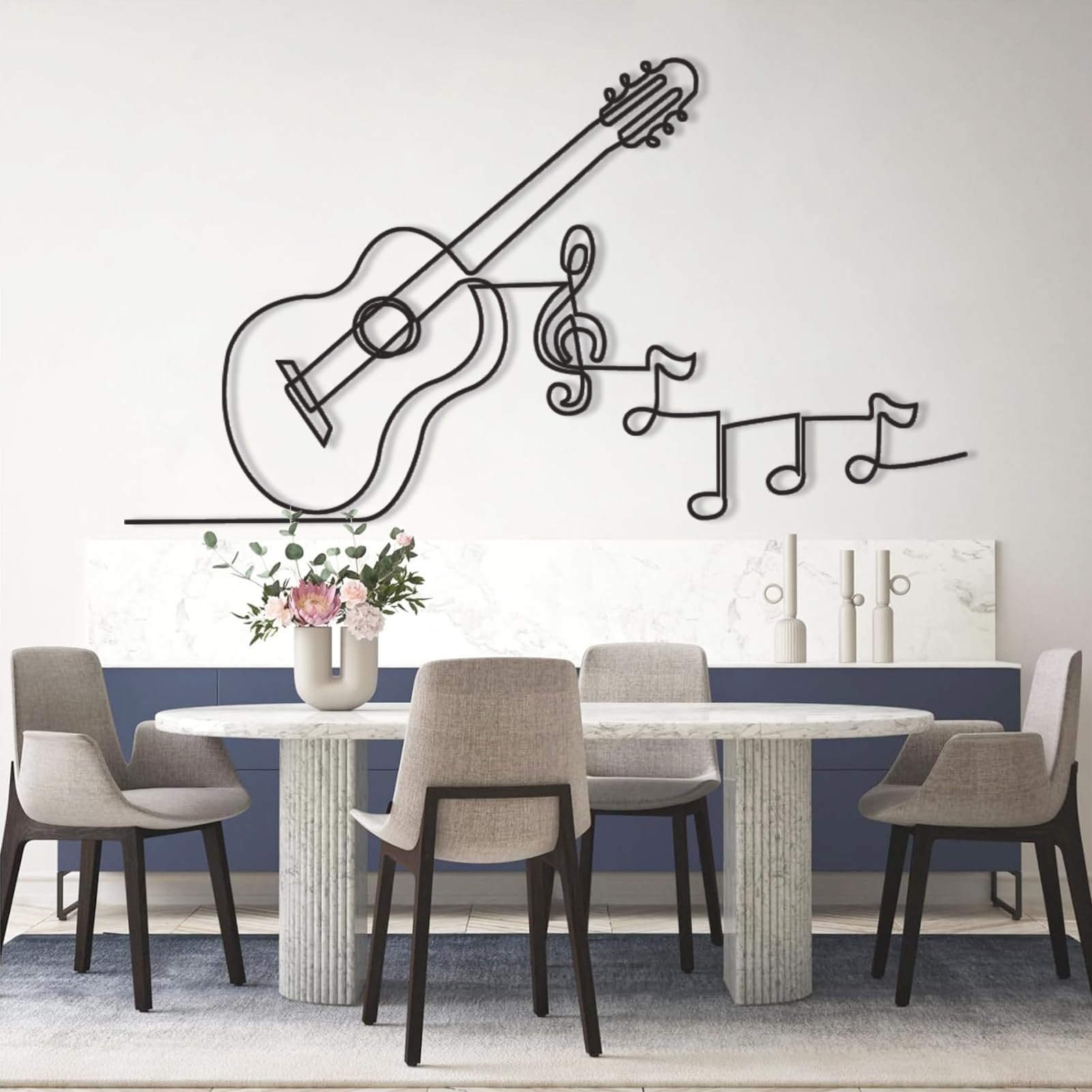 Czarna metalowa gitara, metalowa nuta muzyczna dekoracja ścienna, artysta dla miłośników muzyki, nowoczesna rzeźba do salonu, sypialni, przedpokoju i schodów (czarny 59 x 33 W)