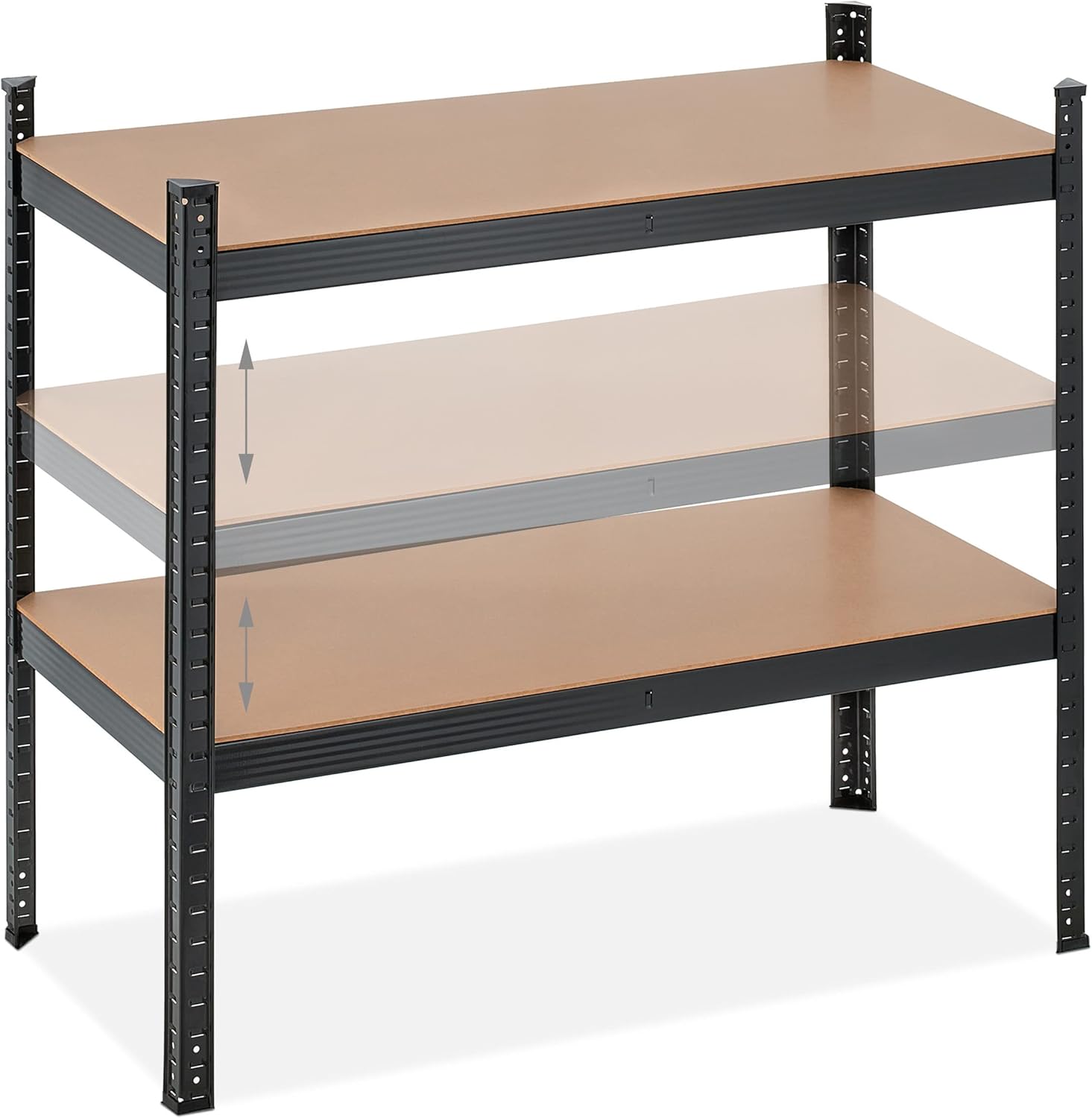 Illustration of adjustable shelf height on a smaller shelving unit