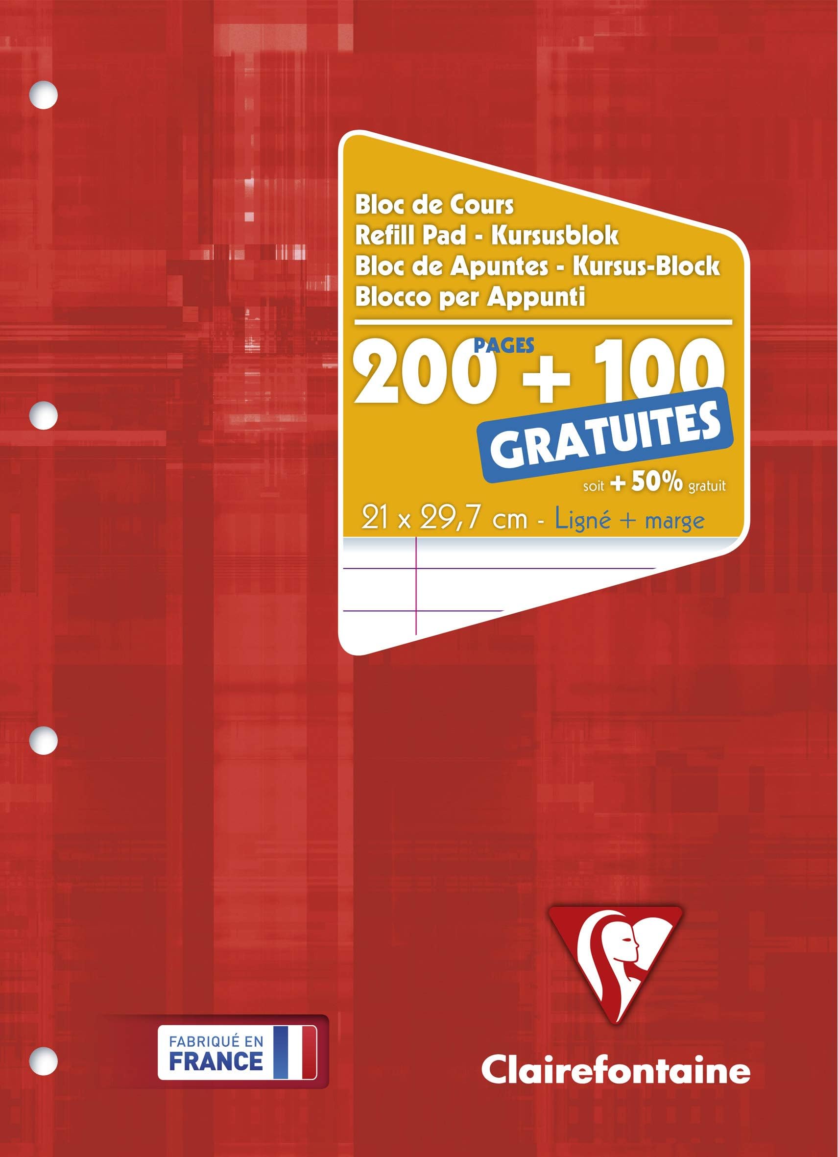 Clairefontaine 65818C Un Bloc de Cours Encollé Perforé Rouge Fraboise