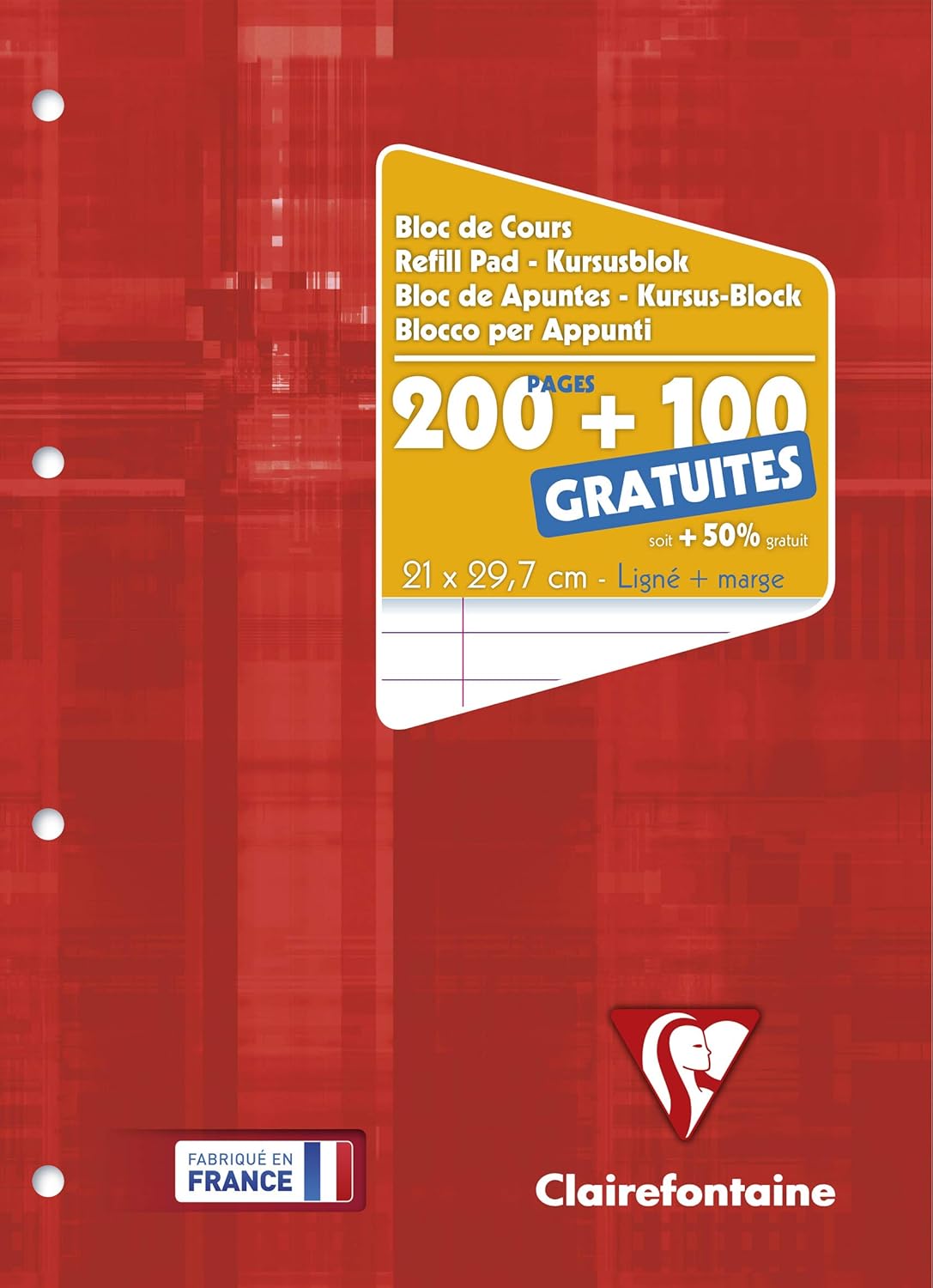 Clairefontaine 65818C - Glued and perforated course block in Raspberry Red - A4 21x29,7cm - 300 pages, with lines and margin, perforated with 4 holes - 90g paper - laminated cardboard Cover