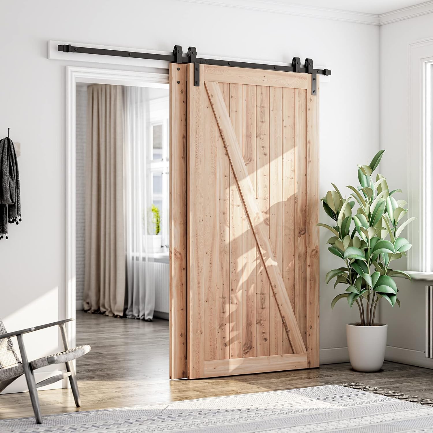 SMARTSTANDARD 7.5 Feet Bypass Sliding Barn Door Hardware Kit - for Double Wooden Doors-Single Track - Smoothly & Quietly - Easy to Install-Fit 78" Opening