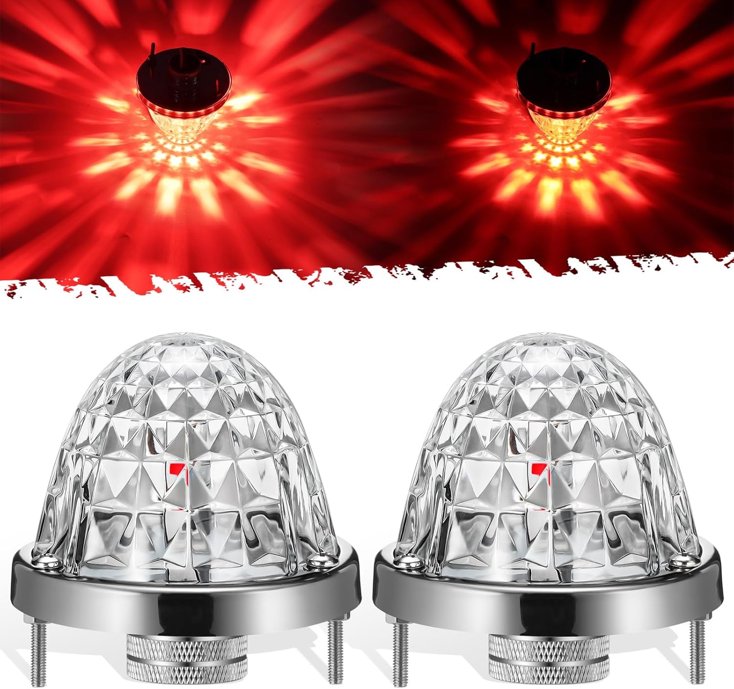Partsam 2Pcs Glass Watermelon Lights Diamond-Shaped Lens Red LED Stop Turn Tail Marker Lamps with Stainless Steel Bezel Replacement for Peterbilt Freightliner Trucks Trailers RVs