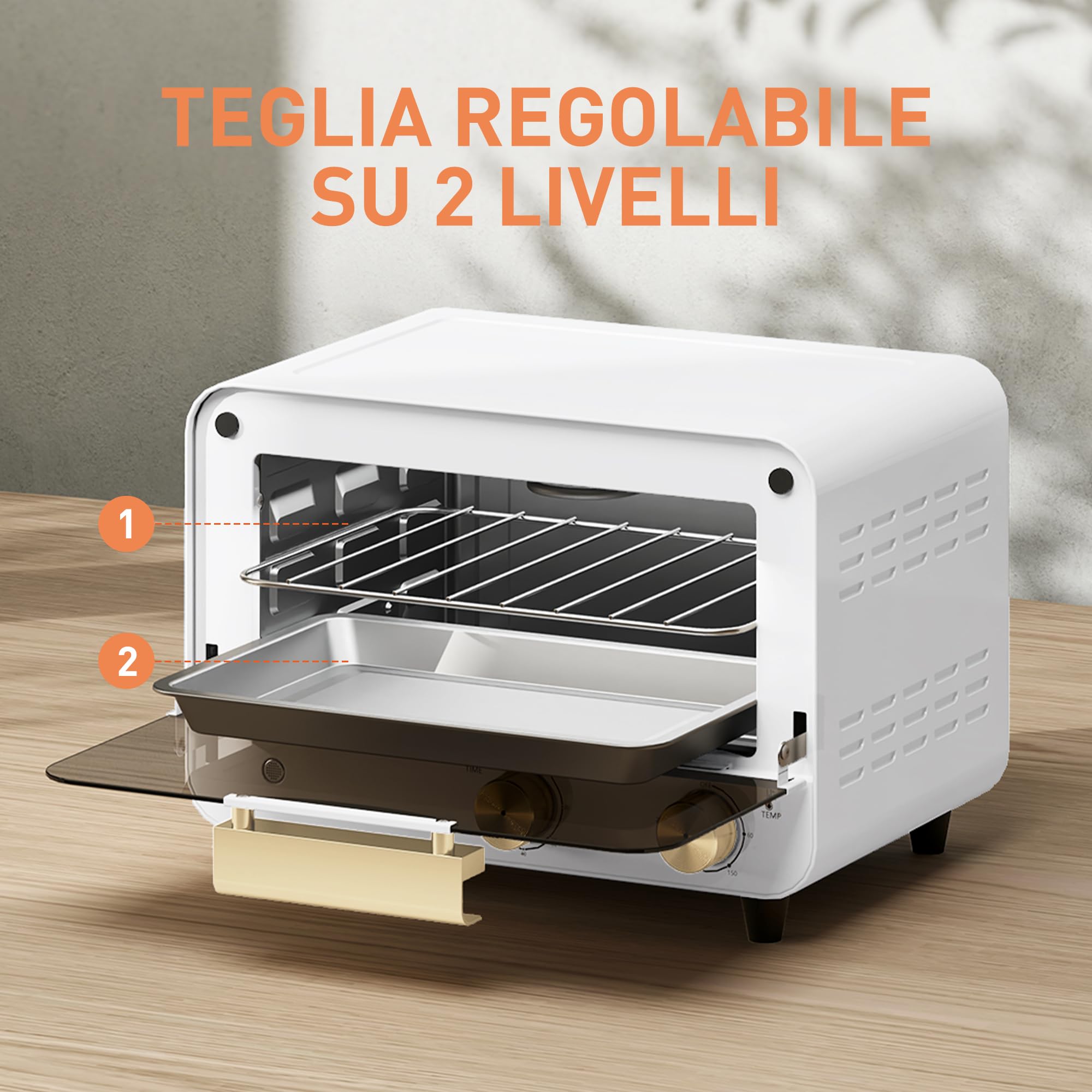 HOMCOM Fornetto Elettrico 12L a 2 Altezze con Timer e Temperatura Regolabile, Mini Forno in Acciaio Inox, Vetro e Plastica, 31.5x27.7x22.7 cm, Bianco e Oro