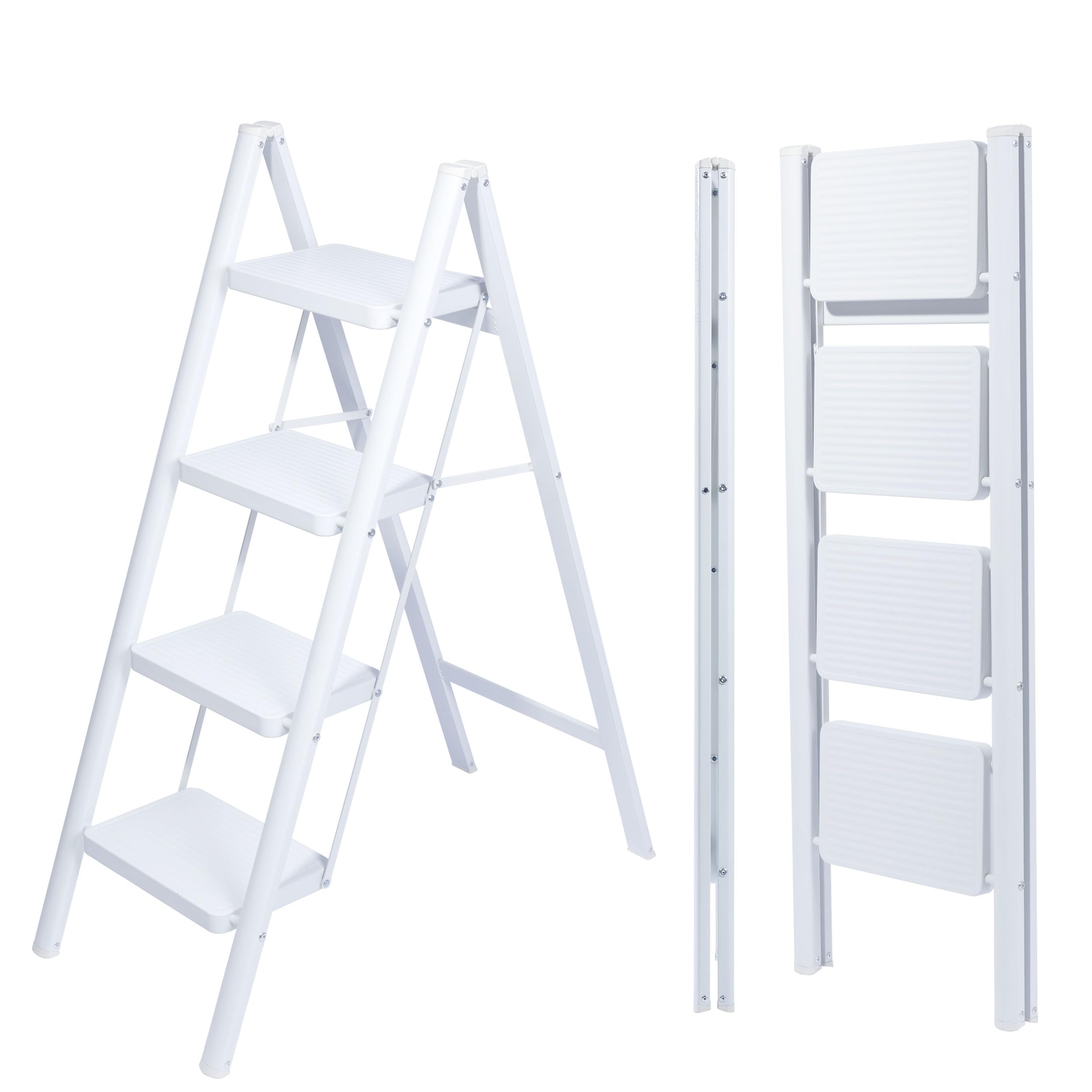 UZIRO Escalera Plegable 4 Peldaños, Escaleras Decorativa, Peldaños Anchos Antideslizantes, Ideal para Uso en Hogar, Cocina y Oficina, Fácil de Guardar y Transportar, Resistente (Blanco, 4 Peldaños)