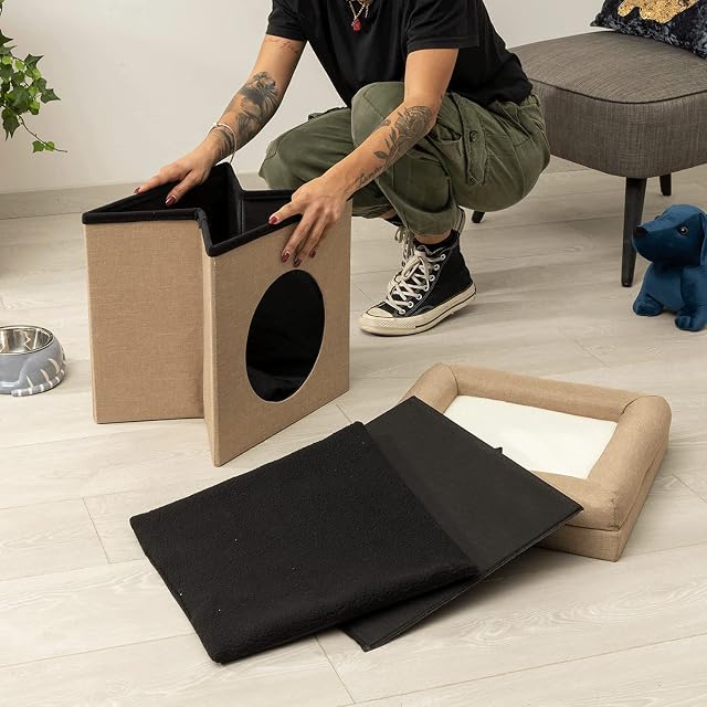 Foto 6 de 6 de Baroni Home Caseta para perro o gato, puf plegable para perros y gatos, con cojín elevado, color pardo