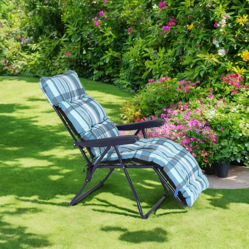 Marvin Sdraio da Giardino con Poggiapiedi Reclinabile Regolabile in 6 Posizioni Flock, Poltrona Sedia Sdraio con Cuscino Imbottito 8cm Braccioli Automatica Interno o Esterno (Azzurro scozzese)