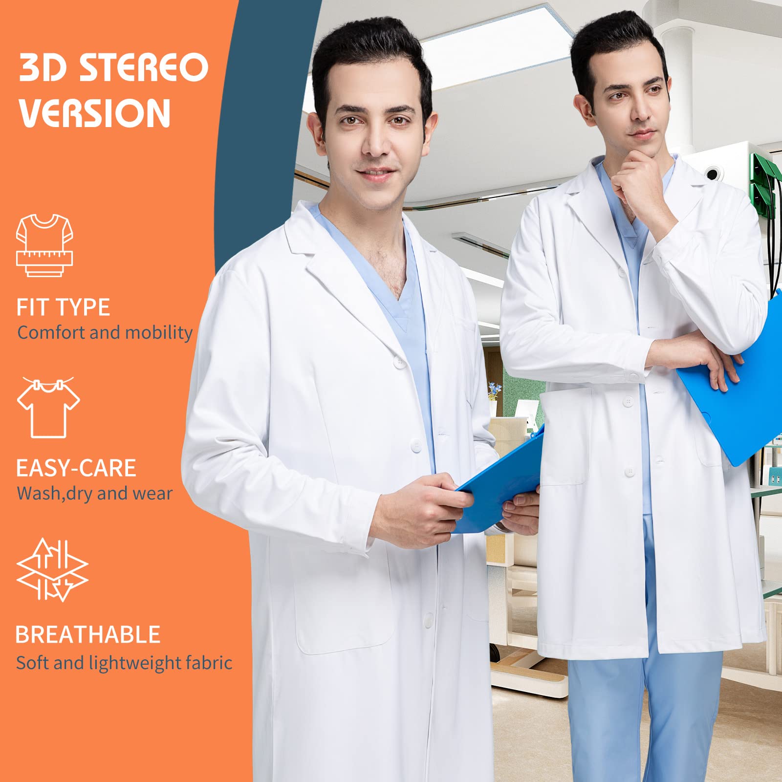 VIAOLI Lab Coat for Men Short Sleeve White Lab Coat Professional Doctor's Lab Coat Medical Scrubs Coat, Unisex (M,Long sleeves,Medium)