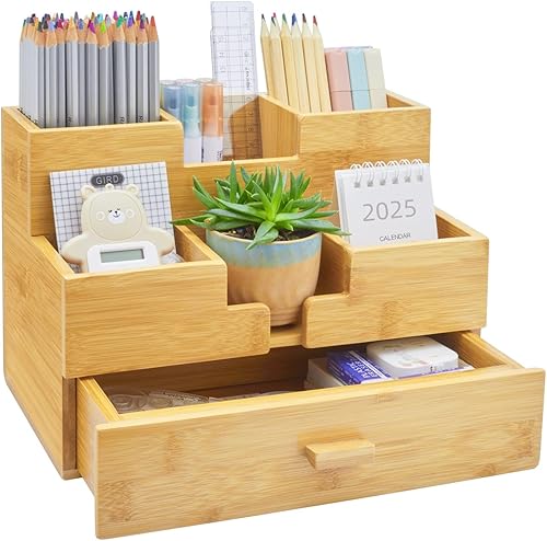 Charmlife Organizador de escritorio de bambú cajón de almacenamiento de maquillaje cajones de mesa de 3 capas 100 bambú natural organizador de