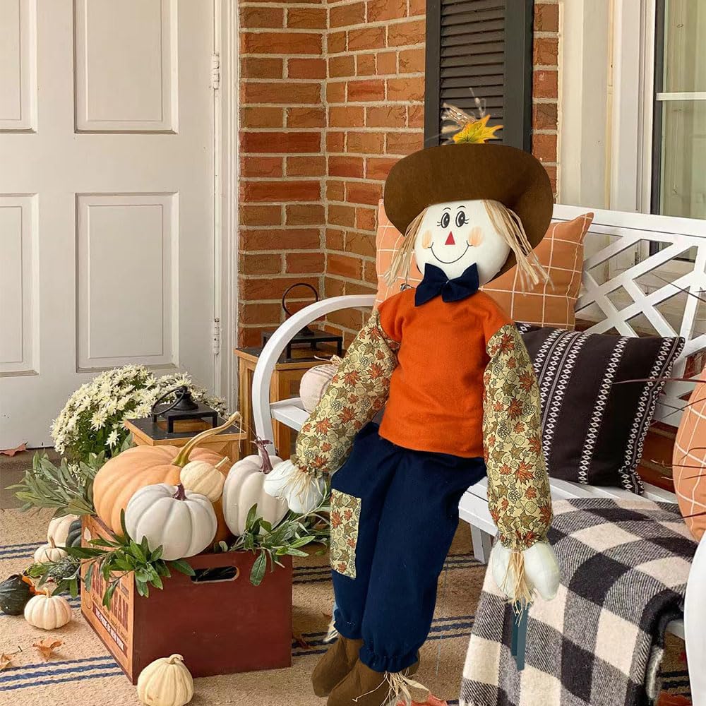 Scarecrow Sitter, Fall Girl Hugger for Tree/Porch, 43.5" Moveable Arms and Legs, Thanksgiving/Halloween Harvest, Male