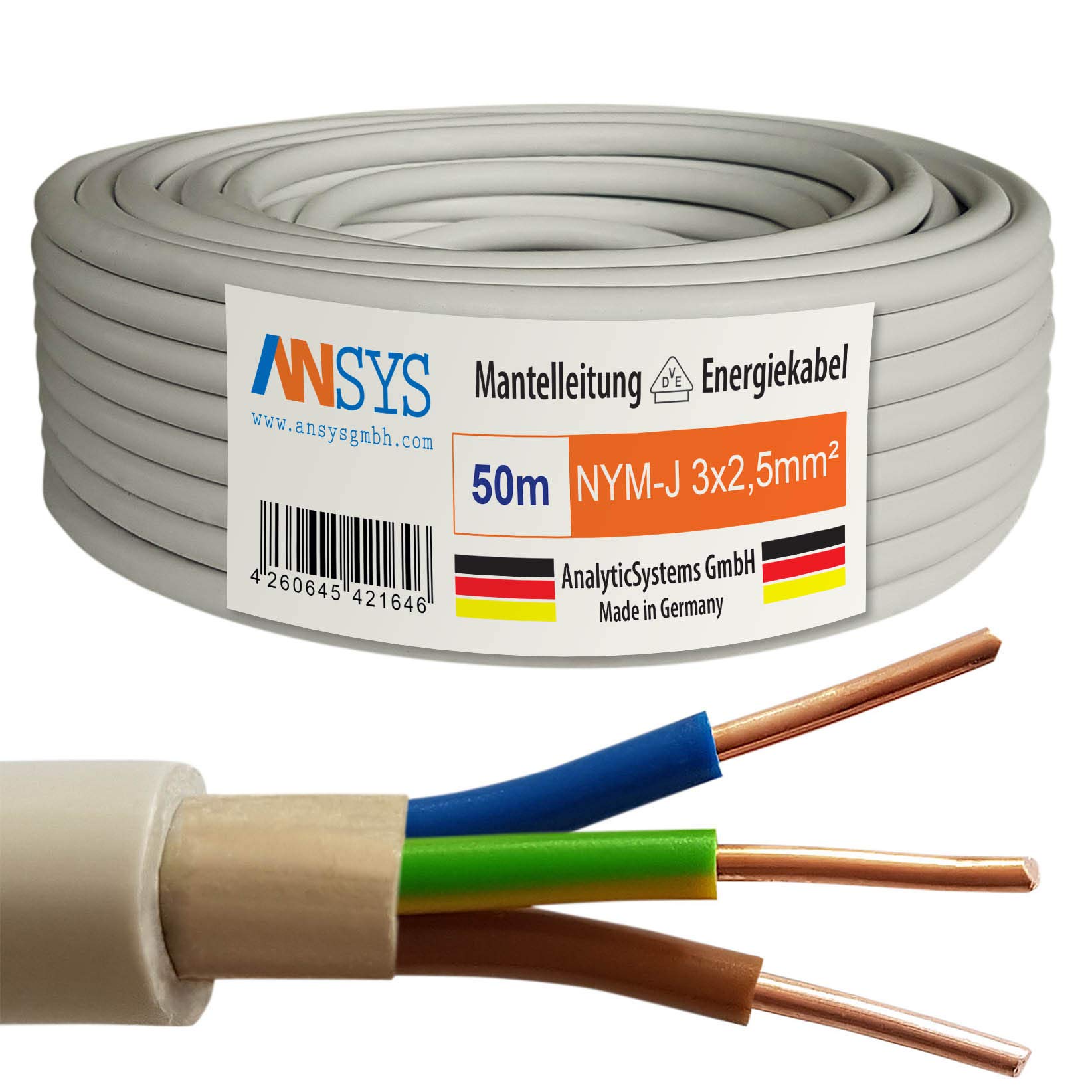 50m NYM-J 3x2,5 mm² Mantelleitung Feuchtraumkabel Elektrokabel Kupfer Made in Germany