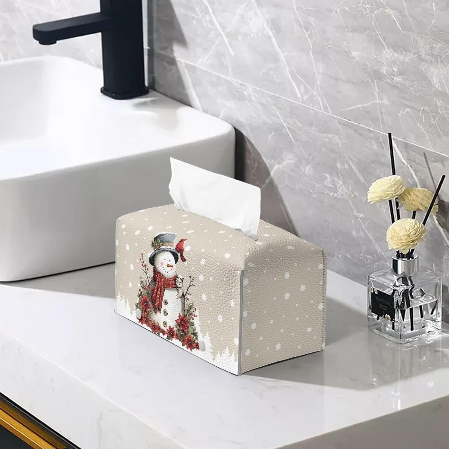 Christmas Tissue Box Cover Snowman Winter Holiday Xmas Gifts for Car Winter Use Decorative Rectangular Tissue Holder Cute Funny Design with Faux Leather Decor image 2