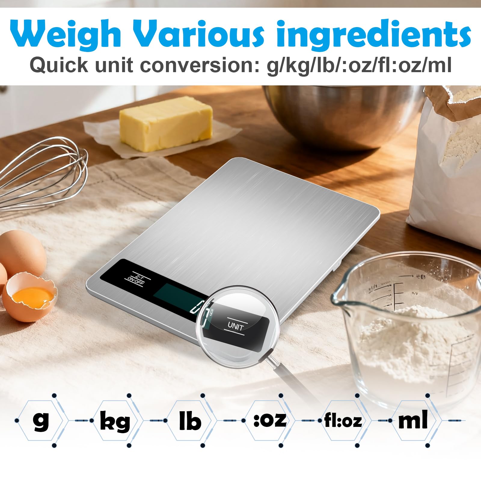 Báscula digital de cocina para alimentos, 15 kg, precisión de 1 g, acero inoxidable, ligera, con baterías, para cocinar, hornear, preparar comidas