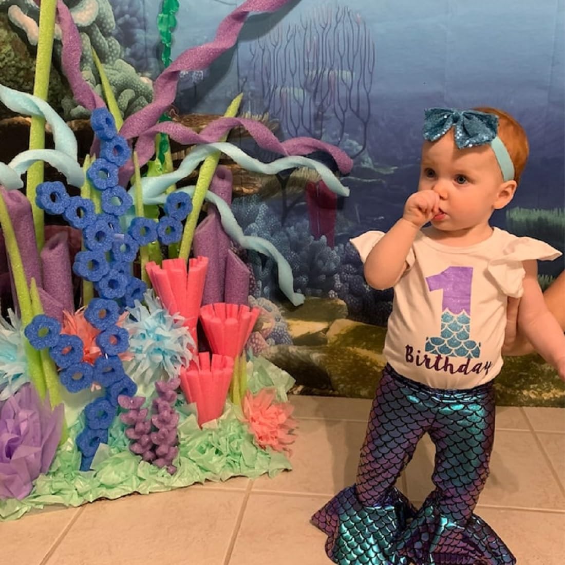 Lamuusaa Toddler Baby Girl Mermaid Birthday Outfit 1st Birthday Romper Ruffle Shirts Scale Flared Pants Headband Set (White+Purple, 12-18 Months)