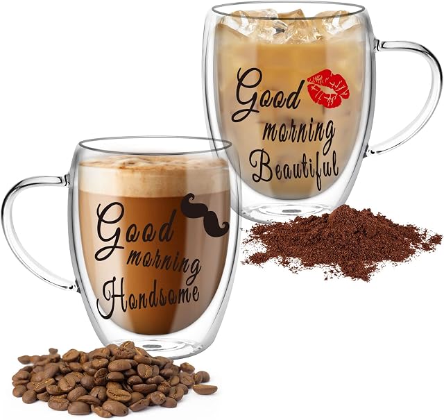 ALIMOTA Glass Coffee Cups for Couples, Insulated Double Walled Glass Coffee Mugs Set of 2, Heat Resistant Glass Cups, Microwave Safe Drinking Glasses, Cappuccino Latte Espresso Cup(with Handle-350ml)