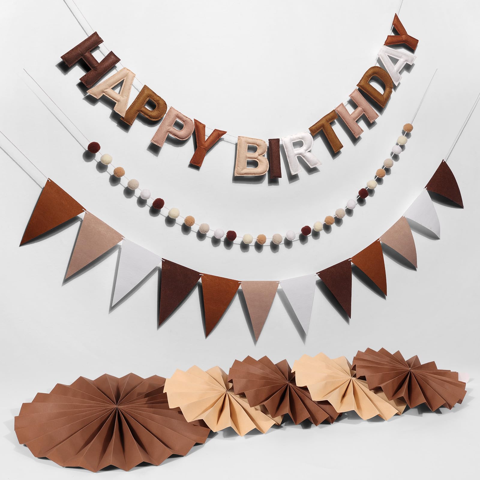 Pre-Strung Happy Birthday Banner, Reusable Felt Birthday Party Decorations, 3D Effect Happy Birthday Sign with Felt Ball Garland, Pennant Flag, Hanging Paper Fans for Men Women Boy Girls (Brown)