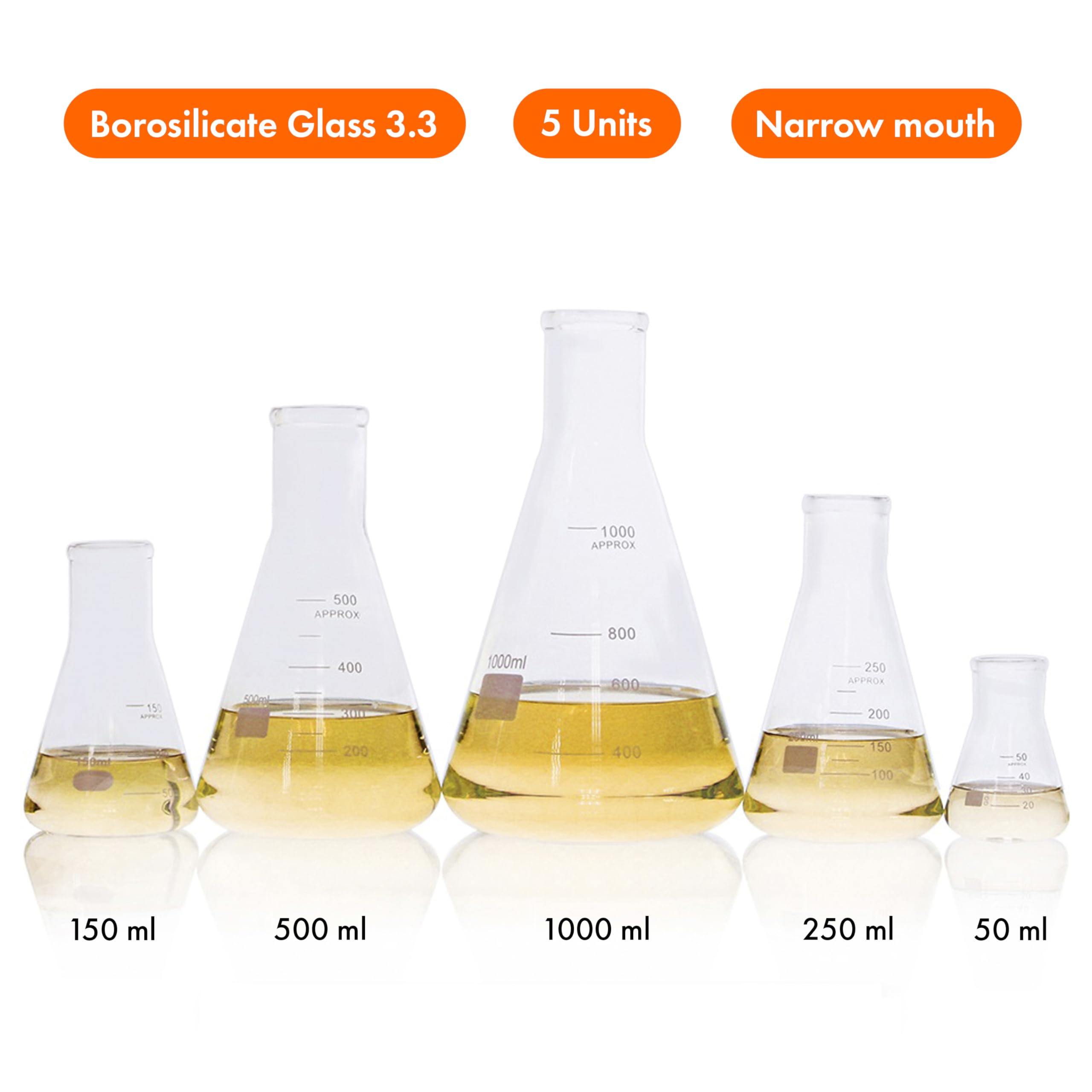 KENZIUM - Pack 5 x Matraces Erlenmeyer | 5 Medidas: 50 ml, 150 ml, 250 ml, 500 ml y 1000 ml | Vidrio Borosilicato 3.3 | con Graduación Impresa | de Boca Estrecha | Ideal Laboratorio y Educación