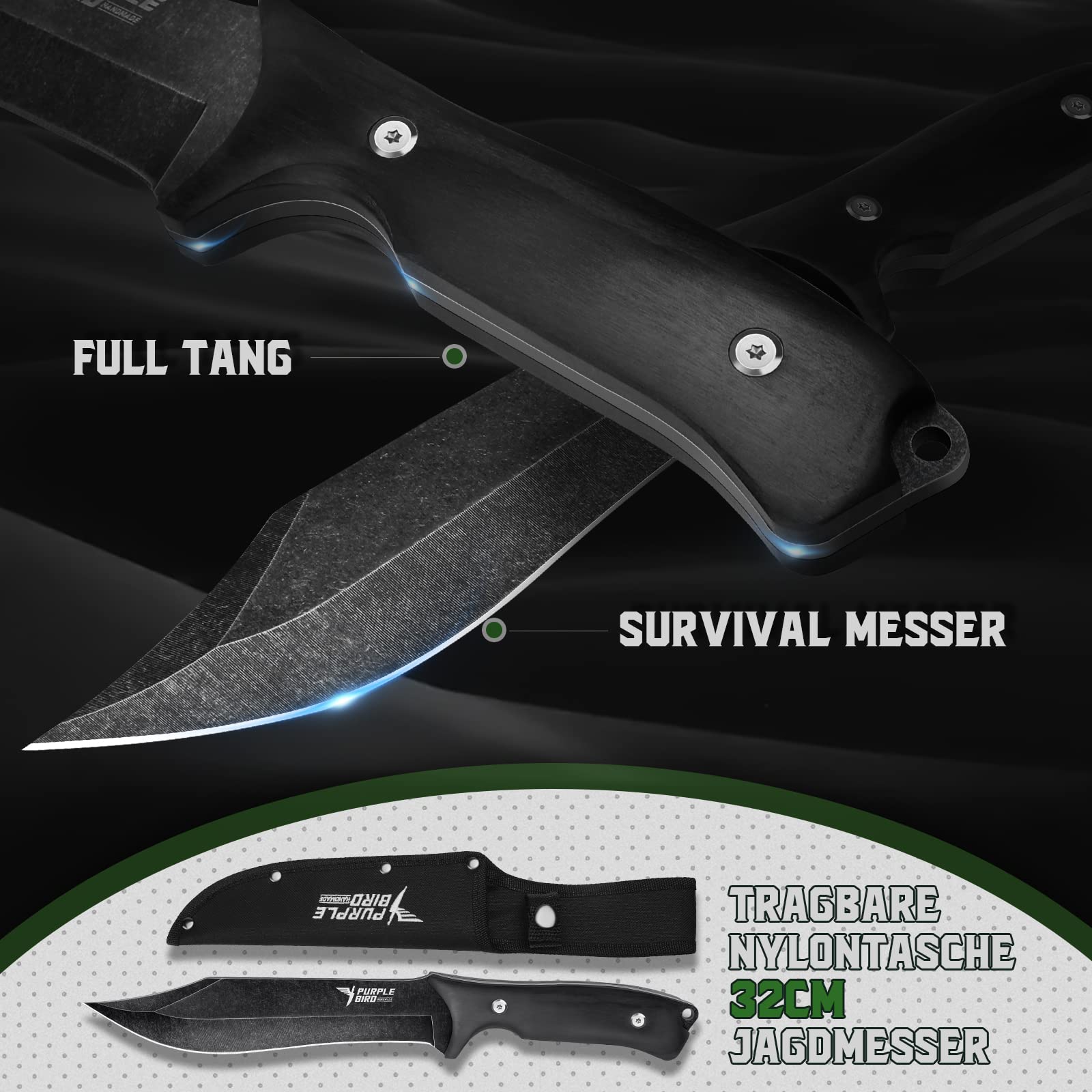 PURPLEBIRD Juego de Cuchillos para Exteriores con Hacha para Acampar, Cuchillo de Supervivencia con Cuchillo de Caza Fijo y Hacha para Acampar con Hacha Dividida y Afilado con Caja de Regalo