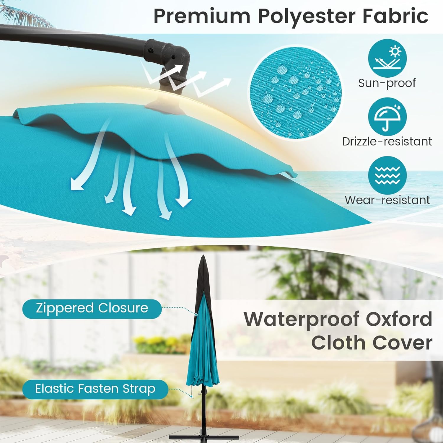 HAPPYGRILL 10FT Offset Hanging Umbrella with Cover, Patio Cantilever Umbrella with Easy Tilt Adjustment, Crank, 8 Ribs, Ruffled Edges, Outdoor Parasol for Poolside Garden