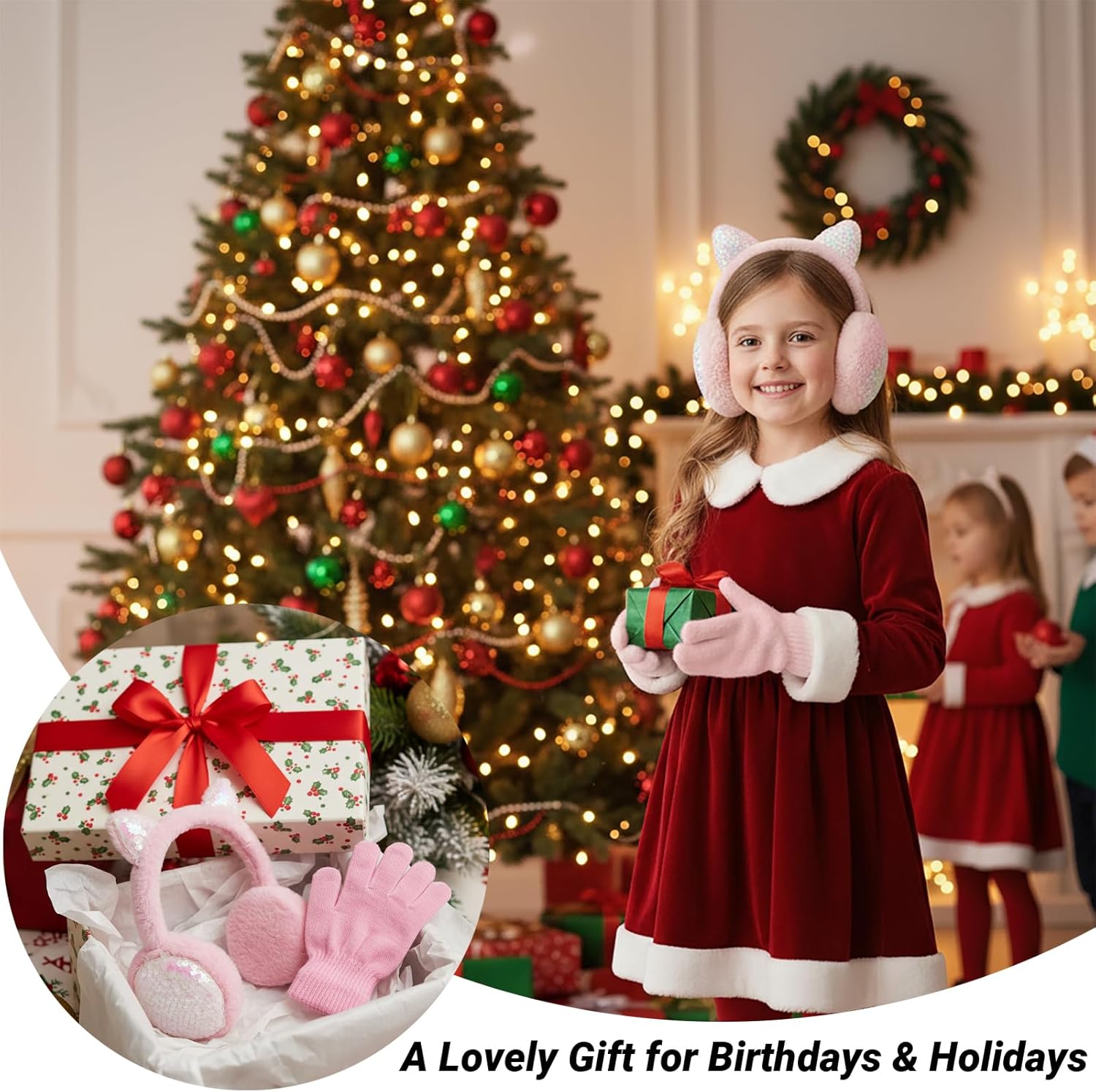 W&LESVAGO Kids Cat Ear Earmuffs with Matching Gloves, Winter Plush Ear Warmers and Sequin Headband Set for Girls - Image 7