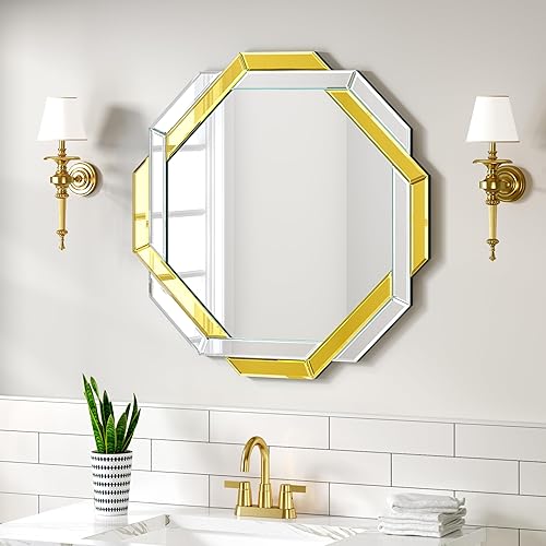 Espejo de baño dorado de 20 x 20 pulgadas, espejo de pared helicoide decorativo, con borde biselado hexagonal sin marco para pared, baño, tocador,