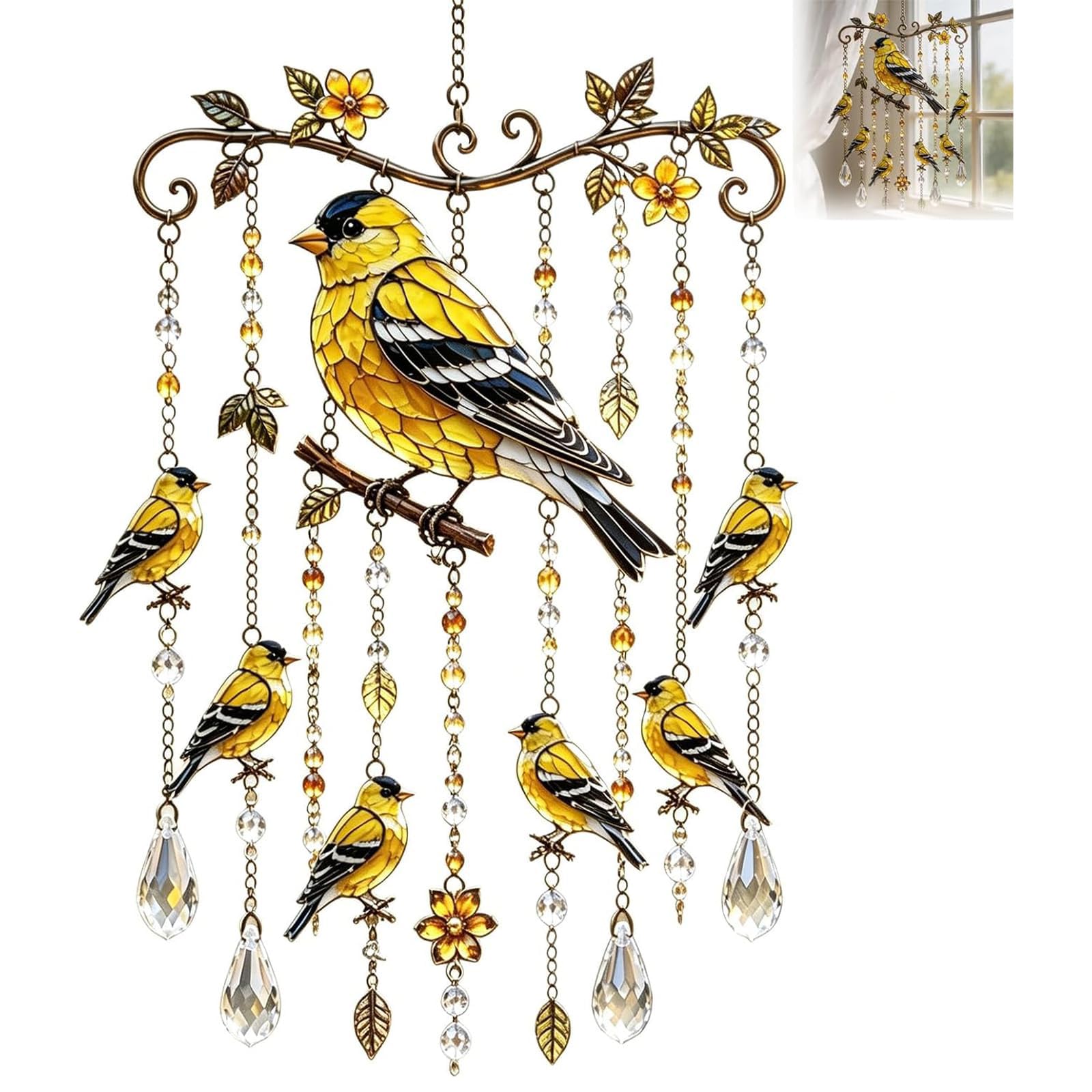 Graceful Hummingbird Wind Chime, Hummingbird Wind Chimes for Outside with Crystal Pendants, Stained Glass & Crystal Sun Catcher Windchime, Colorful Bird Yard Decoration, Memorial Gardening Gift
