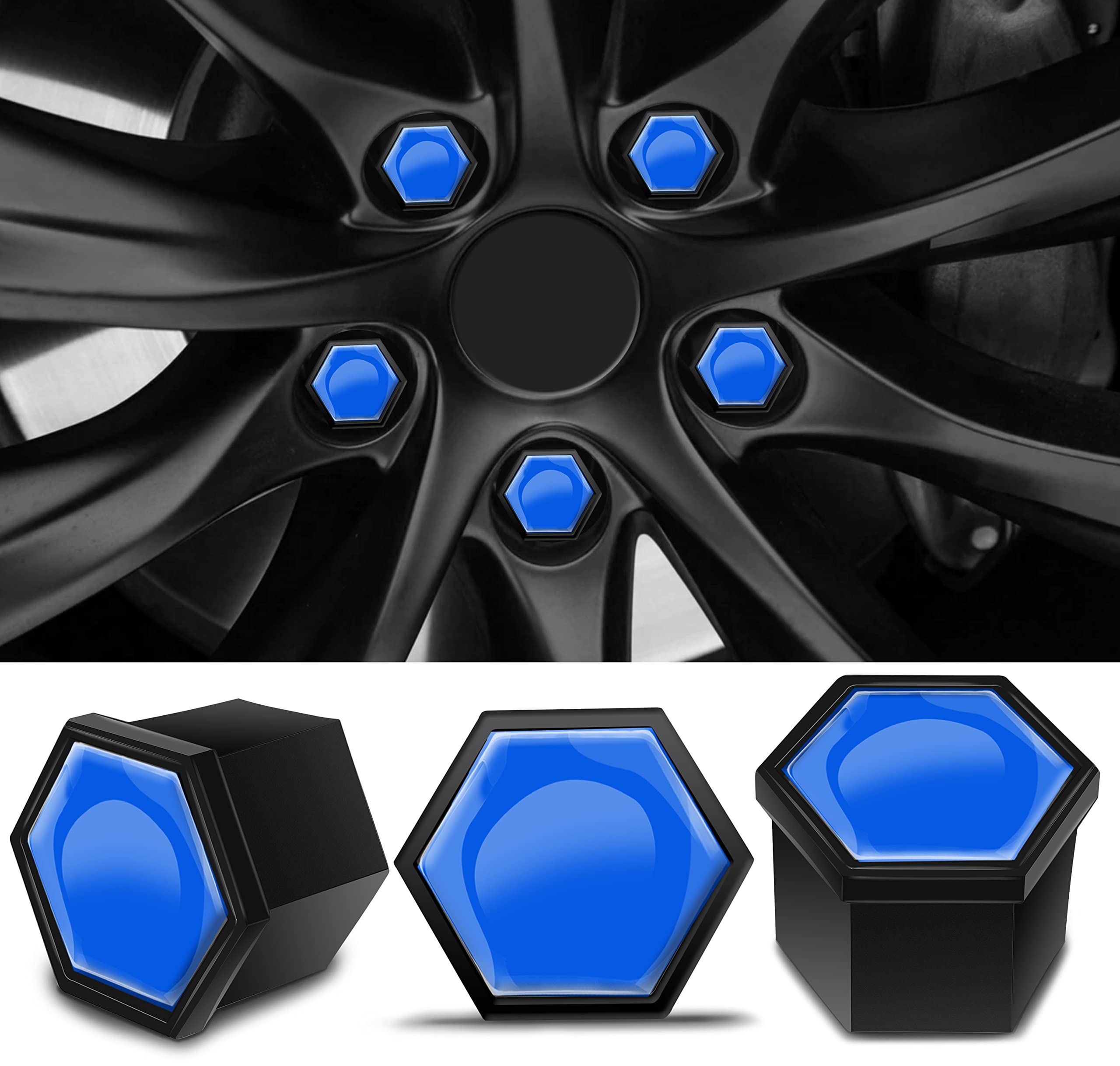 Biomar Labs16pcs Wheel Nut Covers 4 pcs Locking Bolt Caps Universal Removal Tool Blue Gloss 19mm LB 3