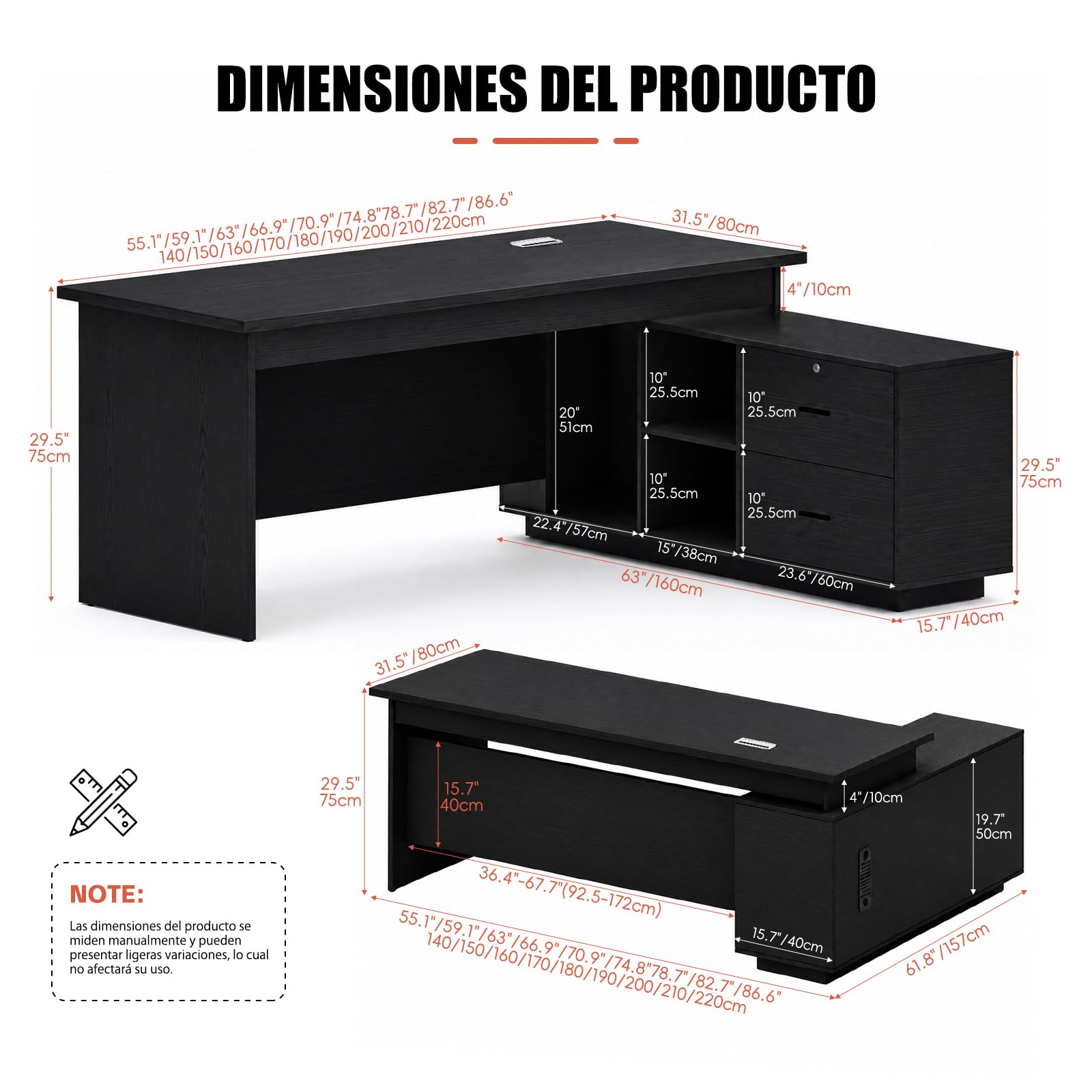Escritorio Ejecutivo Grande con Almacenamiento y Cajones, Escritorio de Oficina, Estantes Abiertos y Gestión de Cables, para Oficina, Despacho y Teletrabajo