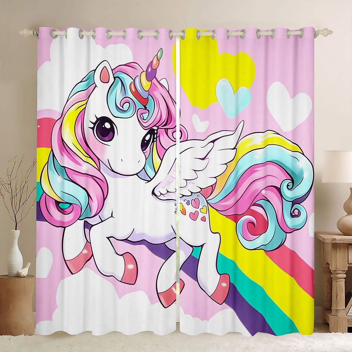 Manfei Cartoon Unicorn Kids Window Curtains,Rainbow Love Heart Princess Window Drapes for Girls Women,Dreamy Unicorn Cute Animal Pink White Window Treatments Grommet Top 2 Panel Set,38Wx45L inch