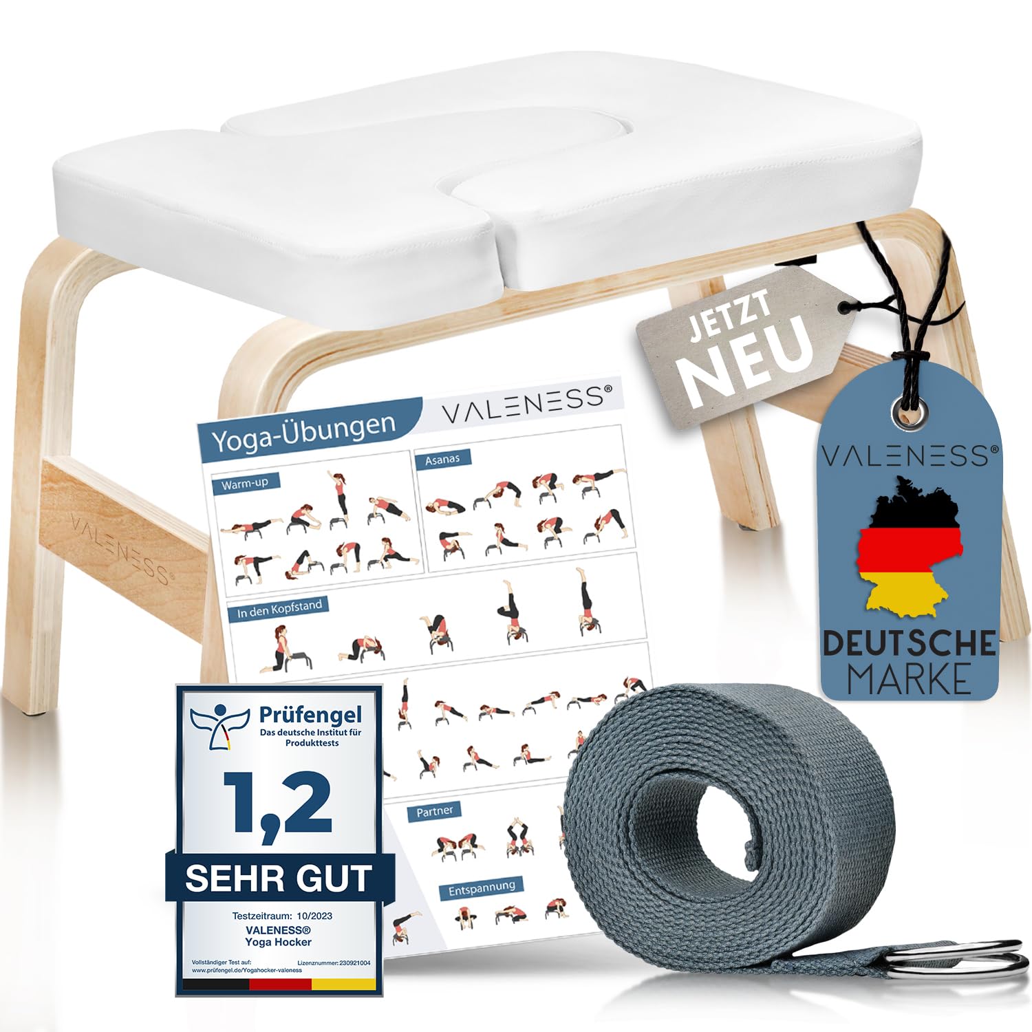 VALENESS® Yoga Kopfstandhocker - Hochwertiger Yoga Hocker inkl. Yogagurt, Yogablock & Übungsposter - Yoga Stuhl zur Handstand-Übung aus massivem Naturholz - Yoga Ausrüstung für Zuhause… (weiß)
