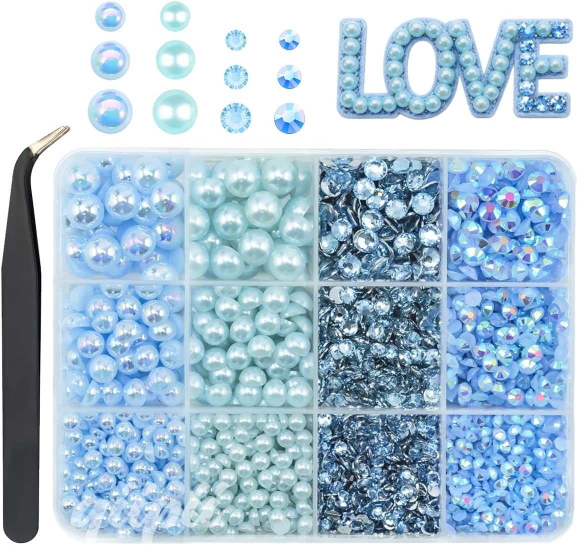 qiipii 3mm-8mm Light Blue Flatback Pearls and Resin Rhinestones for Bedazzling Crafting Bedazzled Gems Half Pearls Stones Diamonds Bedazzler Kit for Nails Face Eyes Makeup Tumblers Bottles DIY Crafts