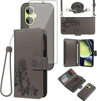 Asuwish Phone Case for OnePlus Nord N30 5G/CE 3 Lite Zipper Wallet Detachable Cell Cover with Tempered Glass Screen Protector Strap Flower Card Holder OPPO K11x/One Plus 1 1+ N 30/CE3 Women Girls Gray