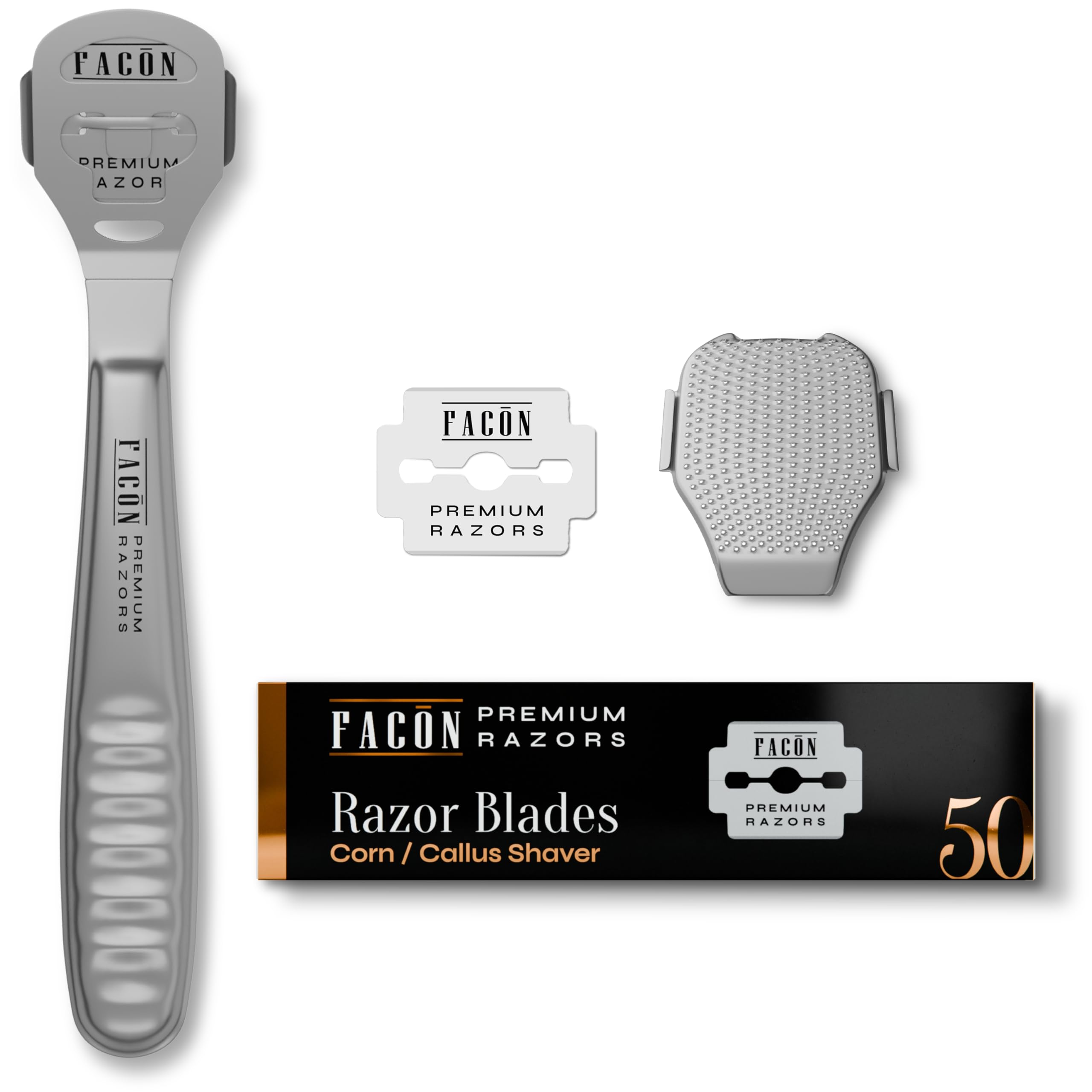 Facón Professional Callus Shaver Remover with 50 Blades, Pedicure Razor for Feet &amp; Hands, Foot Razor for Callus Removal, Callus Blade Remover, Corn Shaver, Surgical Grade Premium Stainless Steel Tool