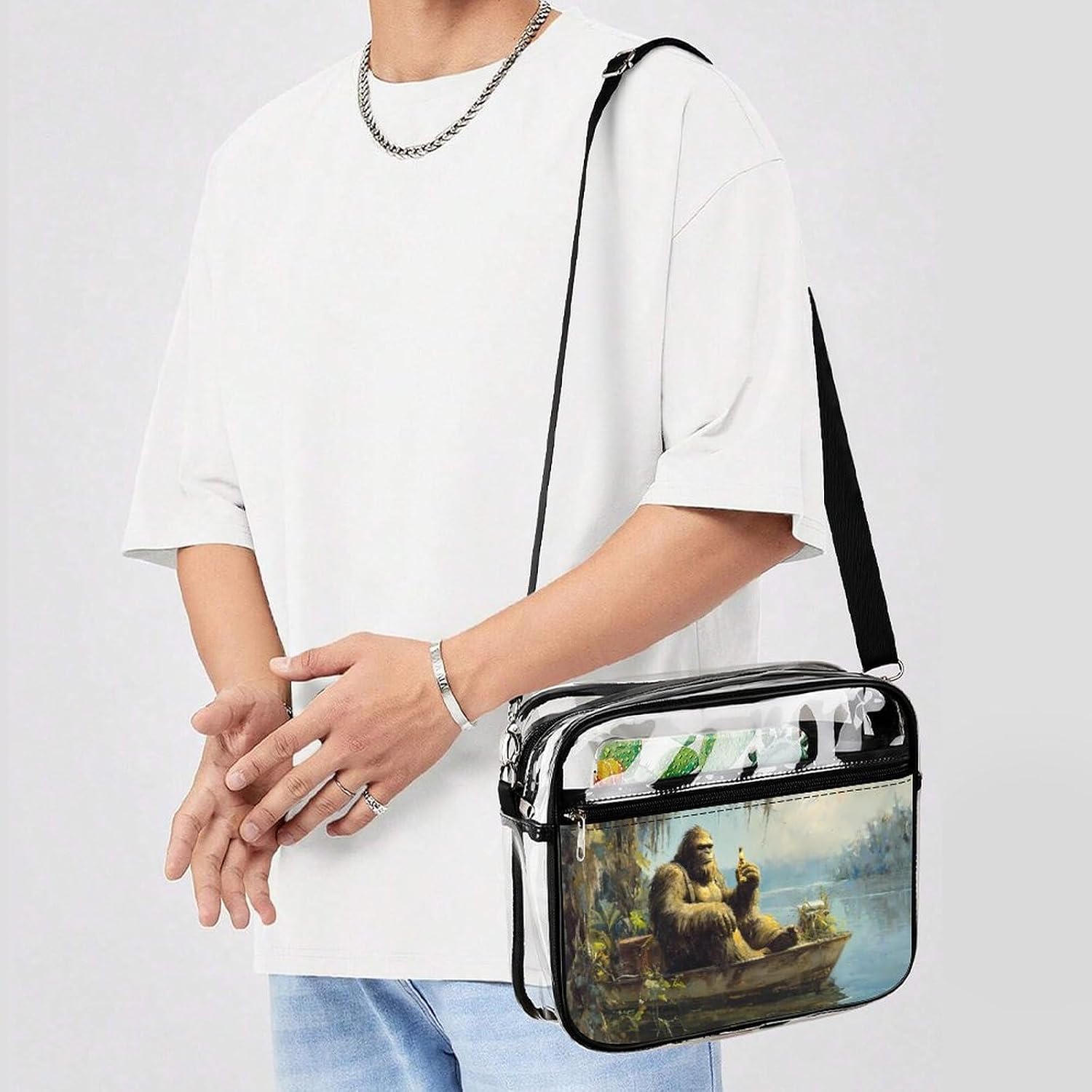 Bigfoot Drinking In Boat Clear Tote Bag Transparent Stadium Approved | crossbody,10*3.1*8.7",zippered closure,with adjustable strap