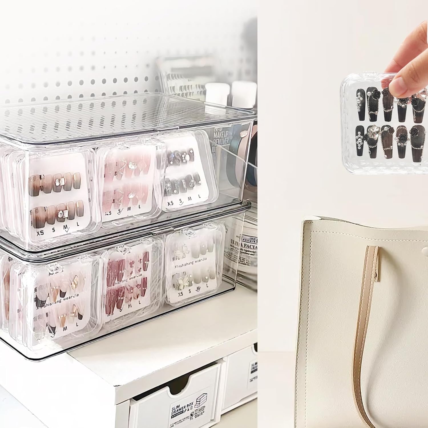 Daily Treasures 16Pcs Unique Rhombic Press on Nail Boxes, Rounded Corners Press on Nail Storage, Transparent Acrylic Press on Nail Case with Tape and Storage Bags for Manicure with Diamonds,Fake Nail