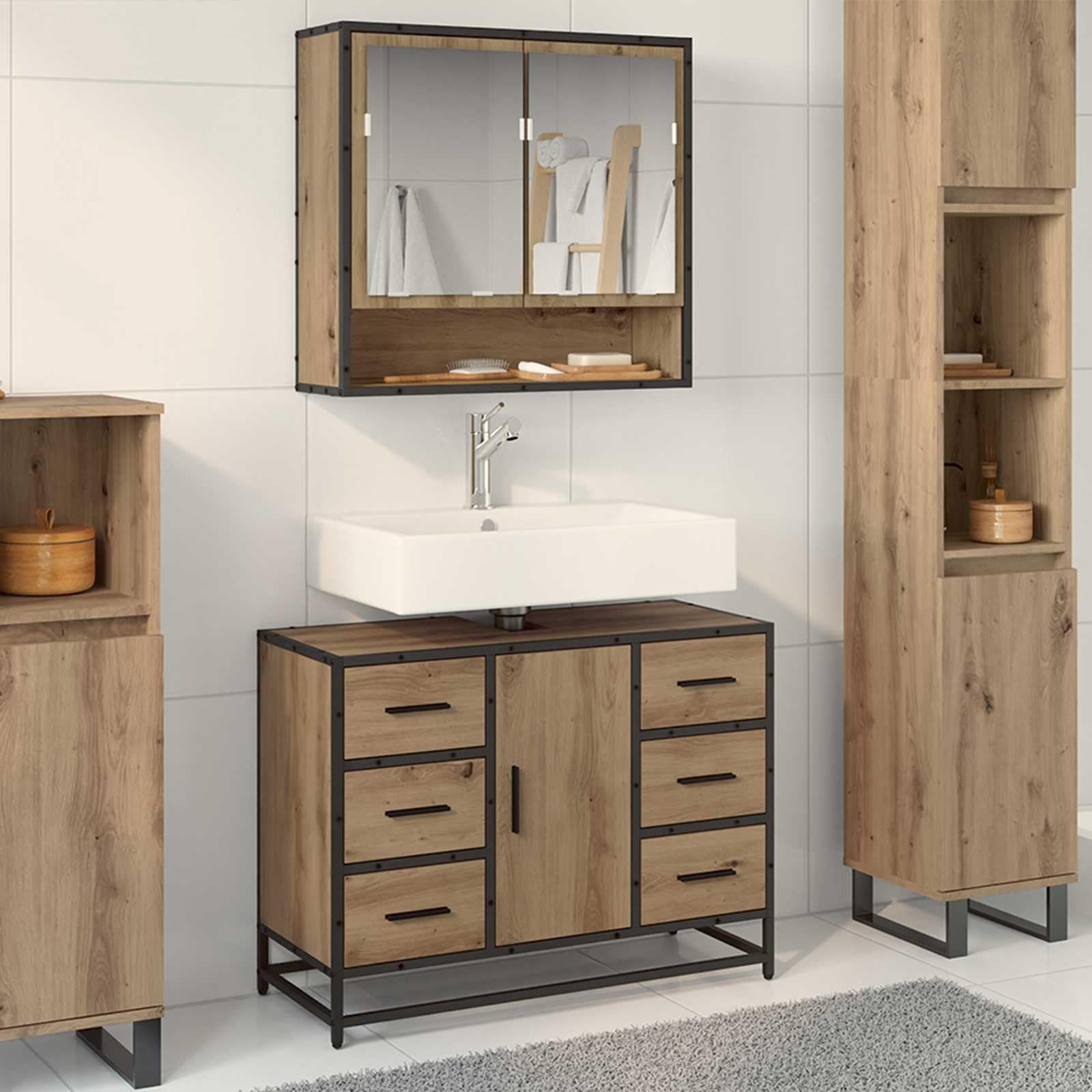 Badezimmerschrank Artisan-Eiche Holzwerkstoff 80 x 33 x 60 cm mit Schublade und Tür, moderner Badmöbel Organizer für Stauraum im Gäste-WC und Wellnessbereich
