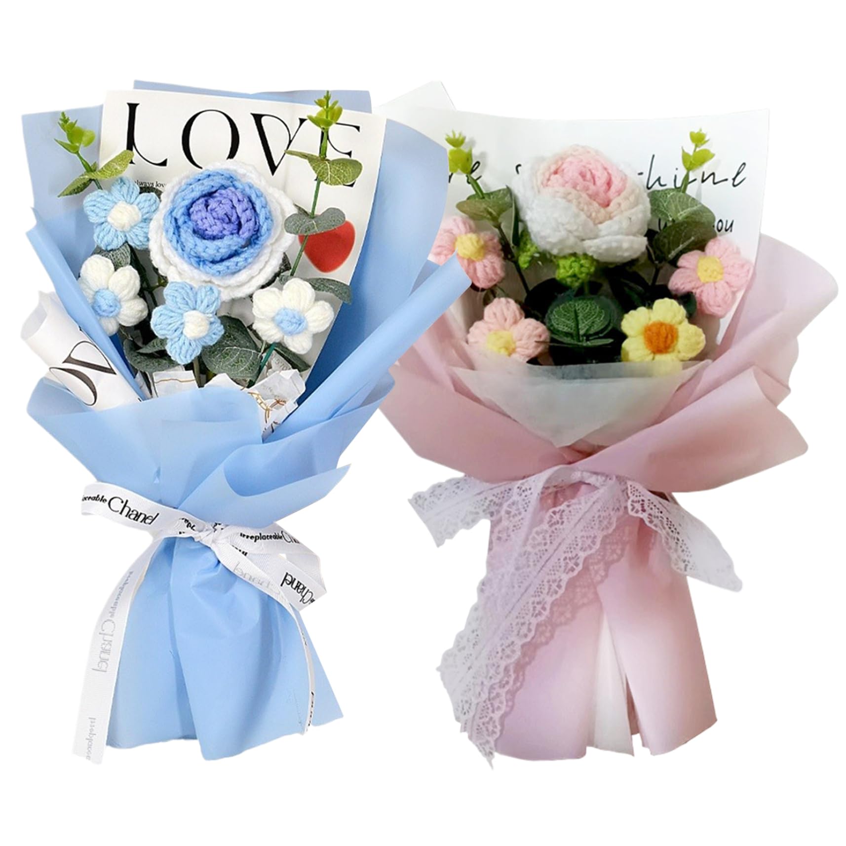 Bouquet de Fleurs au Crochet Roses 7.9x11.8" 5 Têtes Tricotées Mariage Bleu