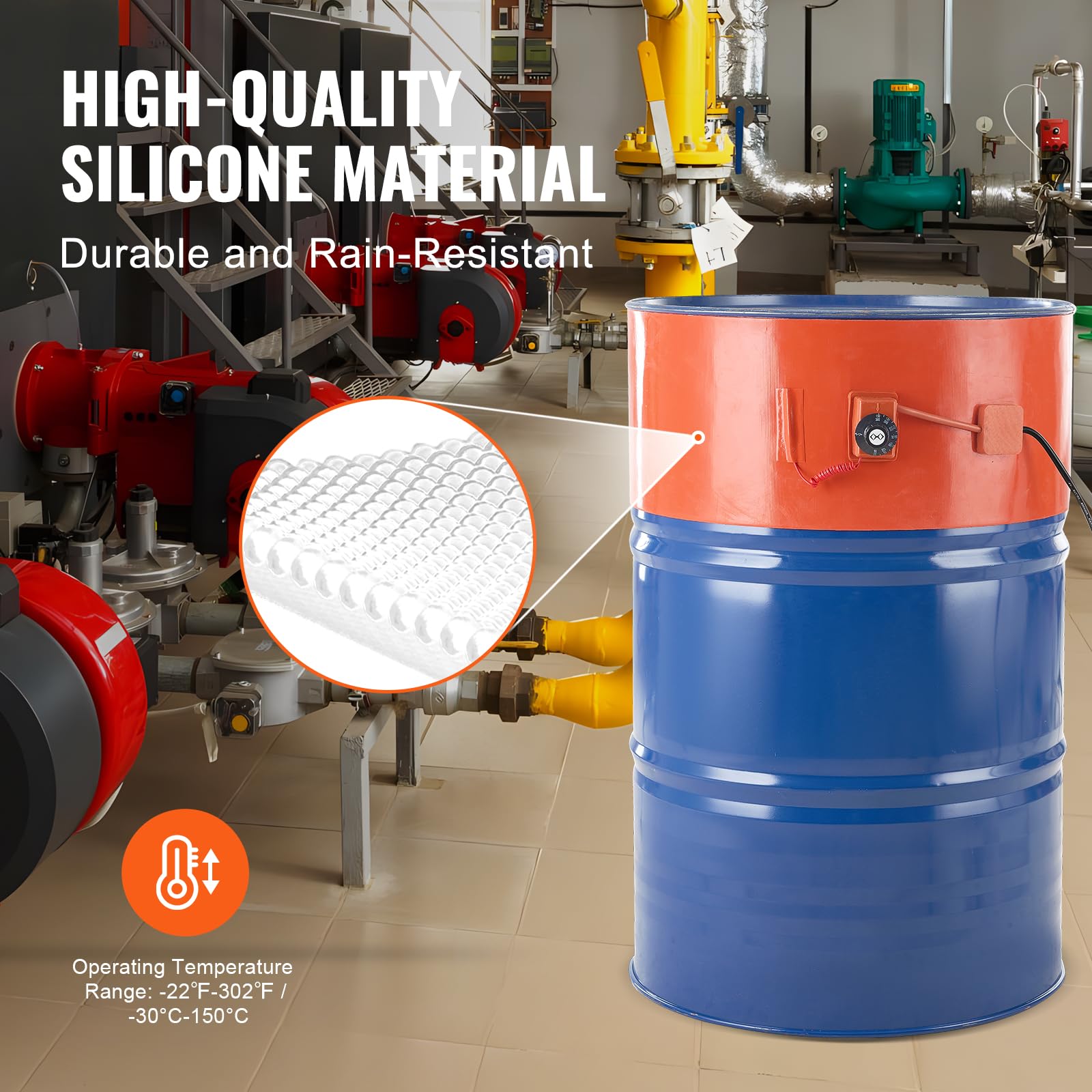 VEVOR Riscaldatore per fusti in metallo 1200 W per fusti da 55 galloni, Larghezza 250 mm, Termostato regolabile 30°C-150°C, Cintura riscaldante per fusti per grasso al silicone, Arancione