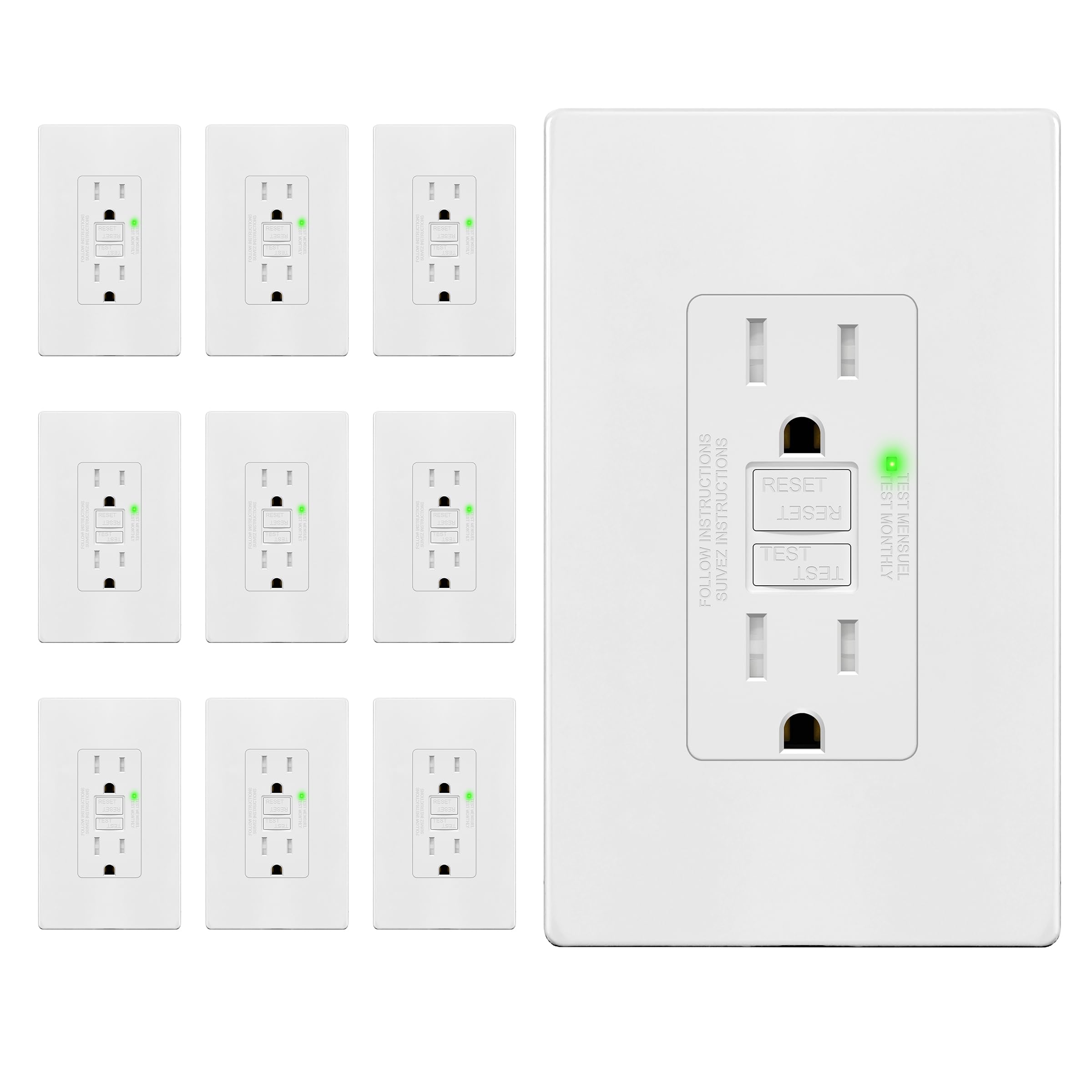TG 15 A GFCI-Steckdose, manipulationssichere Buchse mit Selbsttest, LED-Anzeige, ETL-gelistet, Anti-Interferenz-Schutz (kein Verrutschen), schraubenlose Wandplatte im Lieferumfang enthalten, Weiß, 10