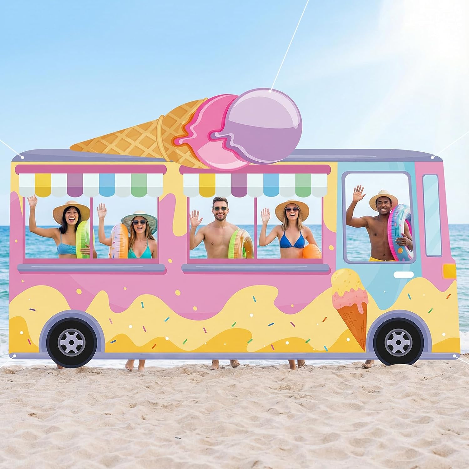 Ice Cream Truck Banner Donut Birthday Party Decor Backdrop Ice Cream Car Photo Booth Props Sweet Dessert Photography Banner for Kids Bday Baby Shower Spring Classroom Easter Outdoor Party Supplies