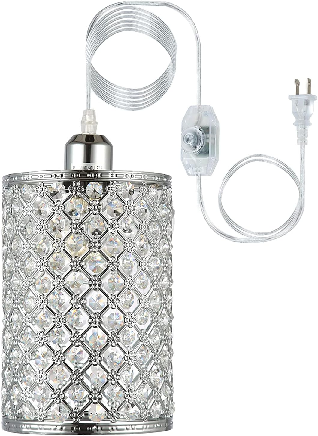 HMVPL Plug in Pendant Lighting Fixtures with Long Hanging Cord and Dimmer Switch, Modern Crystal Hanging Chandelier Sparkly Swag Ceiling Lamp for Kitchen Island Dining Table Bed-Room Girls Closet