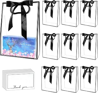 15Pack Clear Plastic Gift Bags with Handle,Reusable PP Gift Wrap Tote Bags with Ribbon for Wedding Bridal Birthday Party Baby Shower Goodies Graduation Shopping Business, 7x10x3.15 Inch (Black)