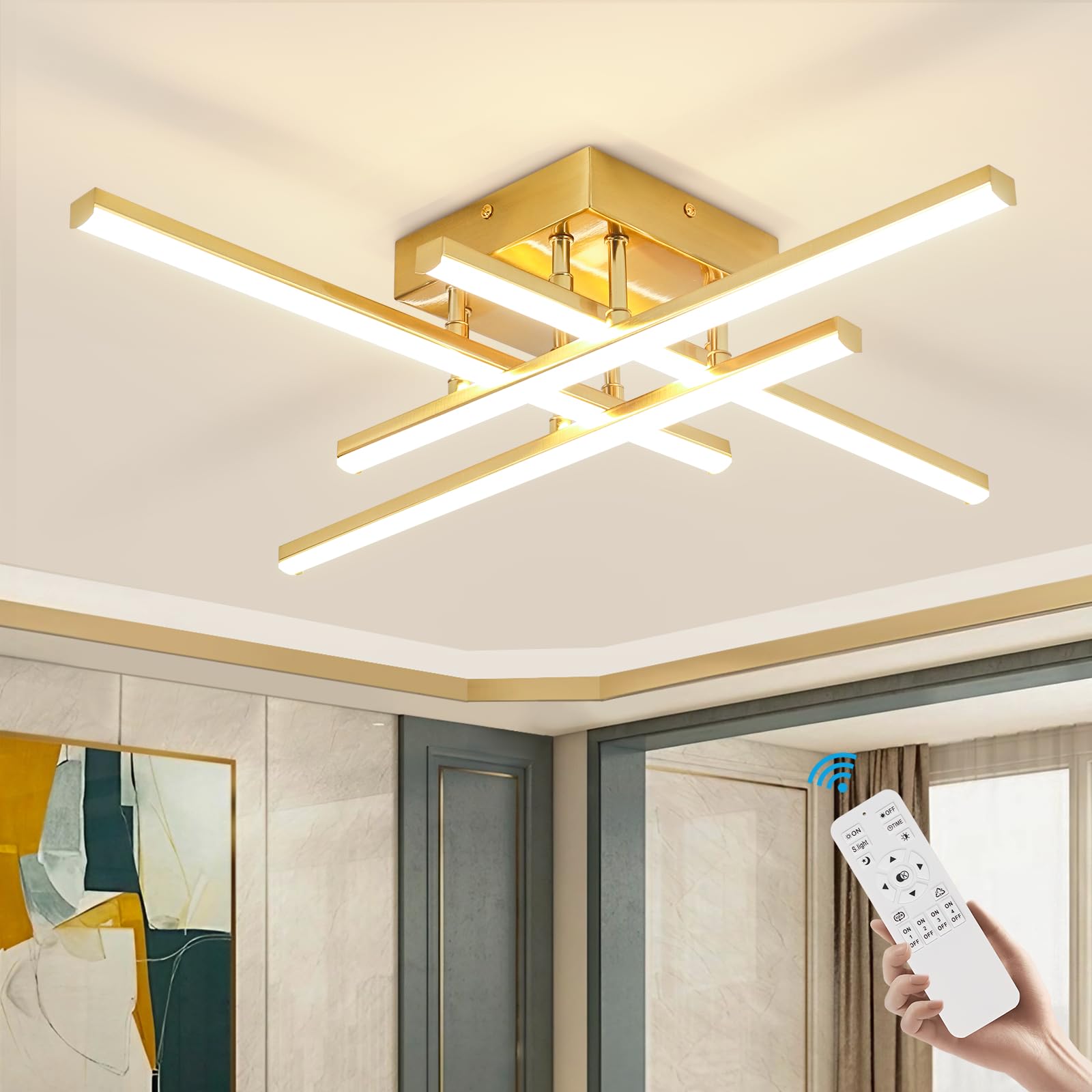 EIDISUNY Modern Dimmable Ceiling Light LED, 60cm 42W Gold 4 Built-in LED Boards, 3000K-6000K, LED Dimmable Ceiling Lights Fixtures with Remote Control for Bedroom Hallway Living Room Corridor Kitchen