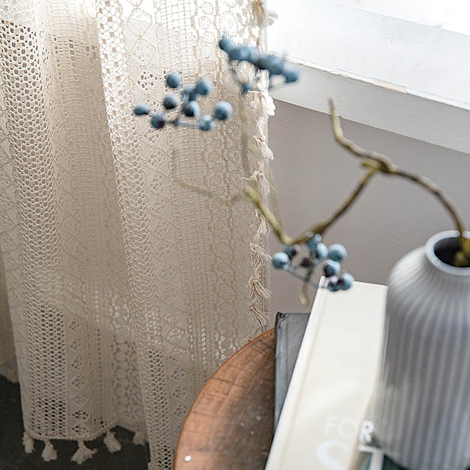 Lot de 2 rideaux en voile - Boho - Macramé - Rideaux vintage - Beige - 150 x 160 cm (L x H) - Pour salon, chambre à coucher